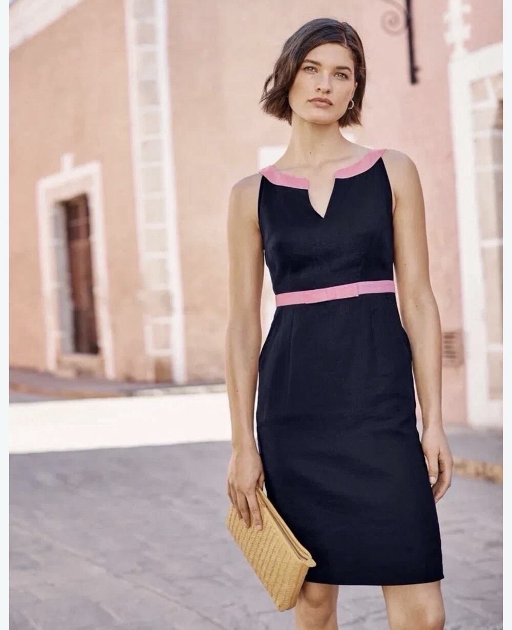 Boden Women's Sleeveless Linen Dress Size 6 Navy Pink Preppy Classic Coastal